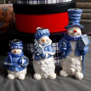 Snowman Blue and White Candleholders - Set of 3 - Christmas Winter